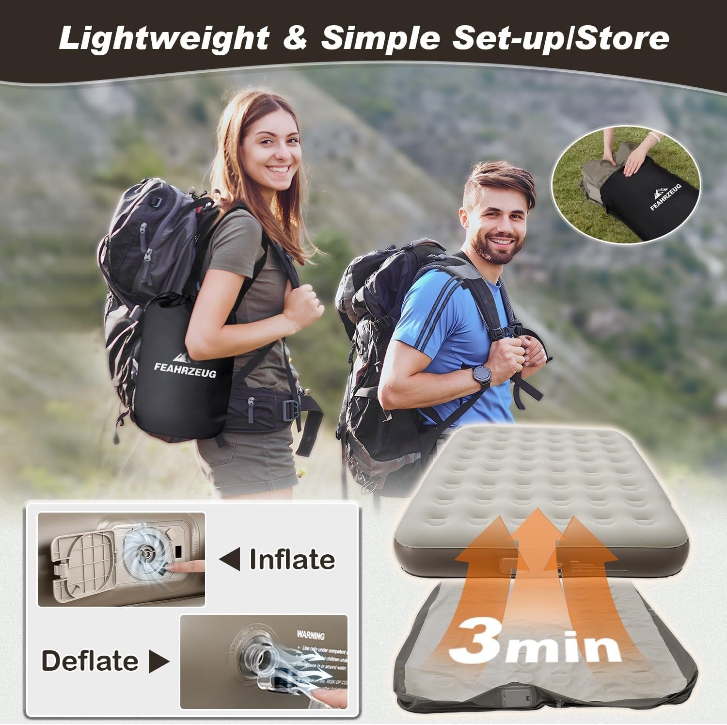 Double Air Bed with Built-In Pump – Self Inflating, Portable, Camping & Home