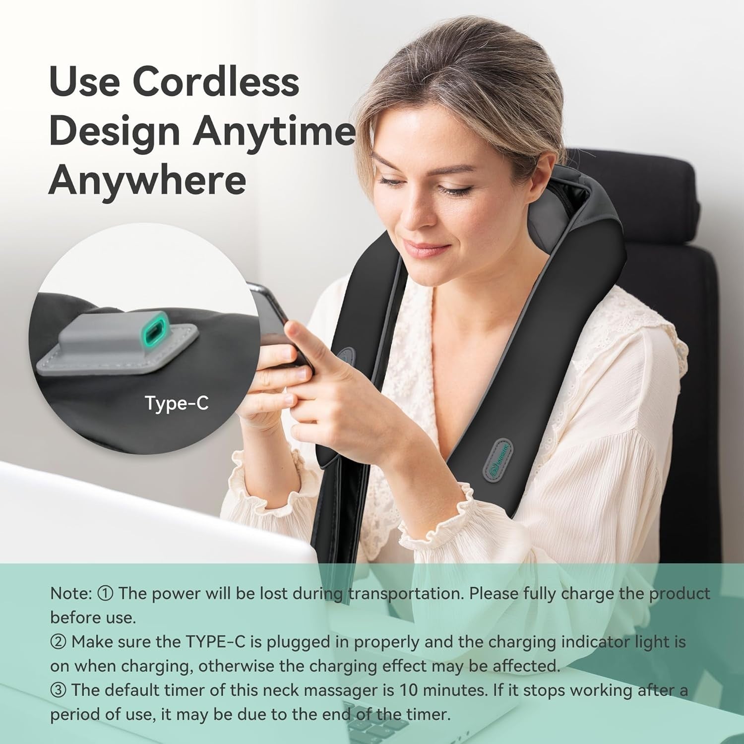 Cordless Neck Shoulder Massager Heat 6D Deep Tissue Shiatsu Pain Relief