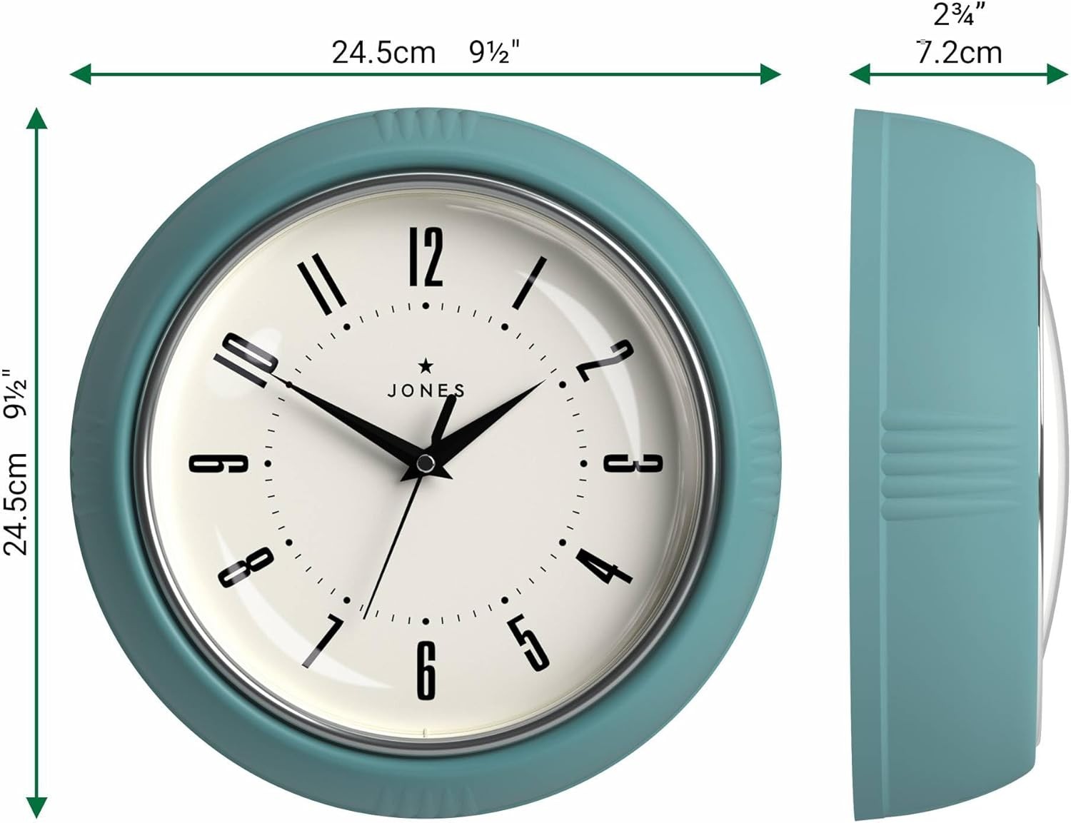 25cm Teal Retro Wall Clock Silent Quartz | Easy Read Kitchen Bedroom Decor