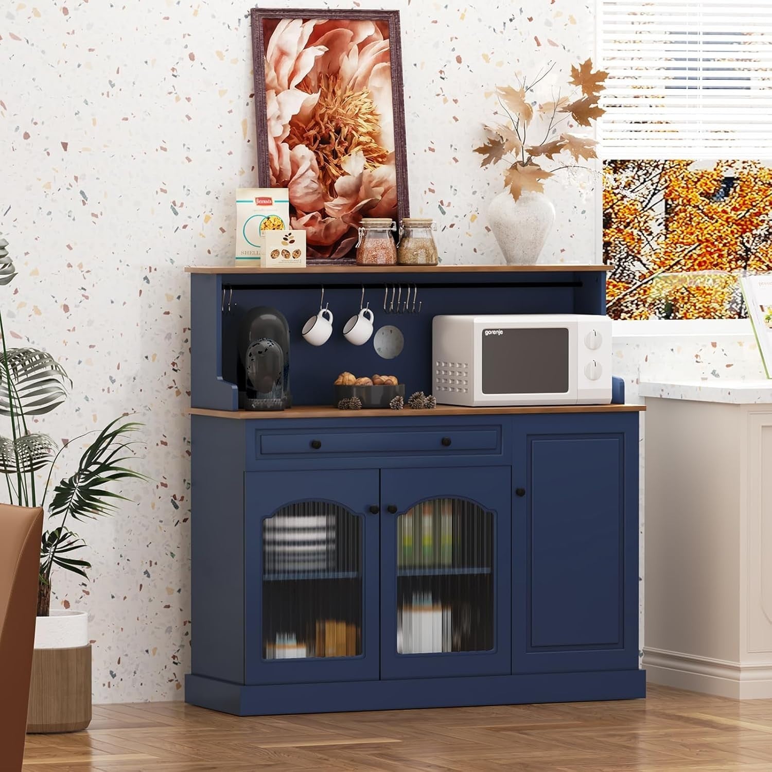 Kitchen Pantry Cupboard Microwave Cabinet Coffee Station Blue