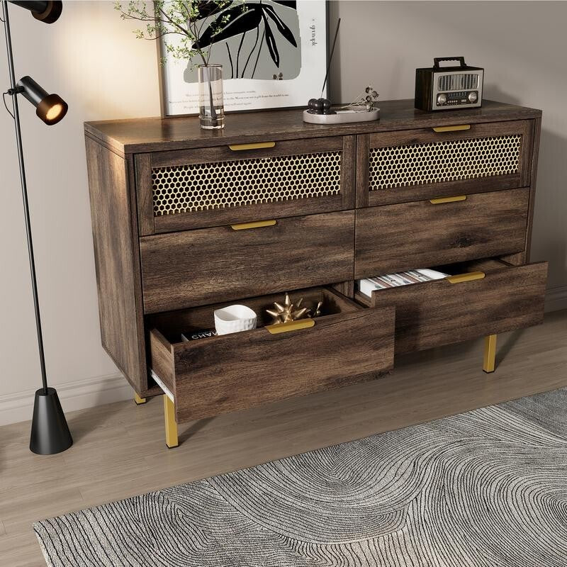 Dark Wood Sideboard Cabinet 6 Drawers, Metal Legs, Retro Storage Unit