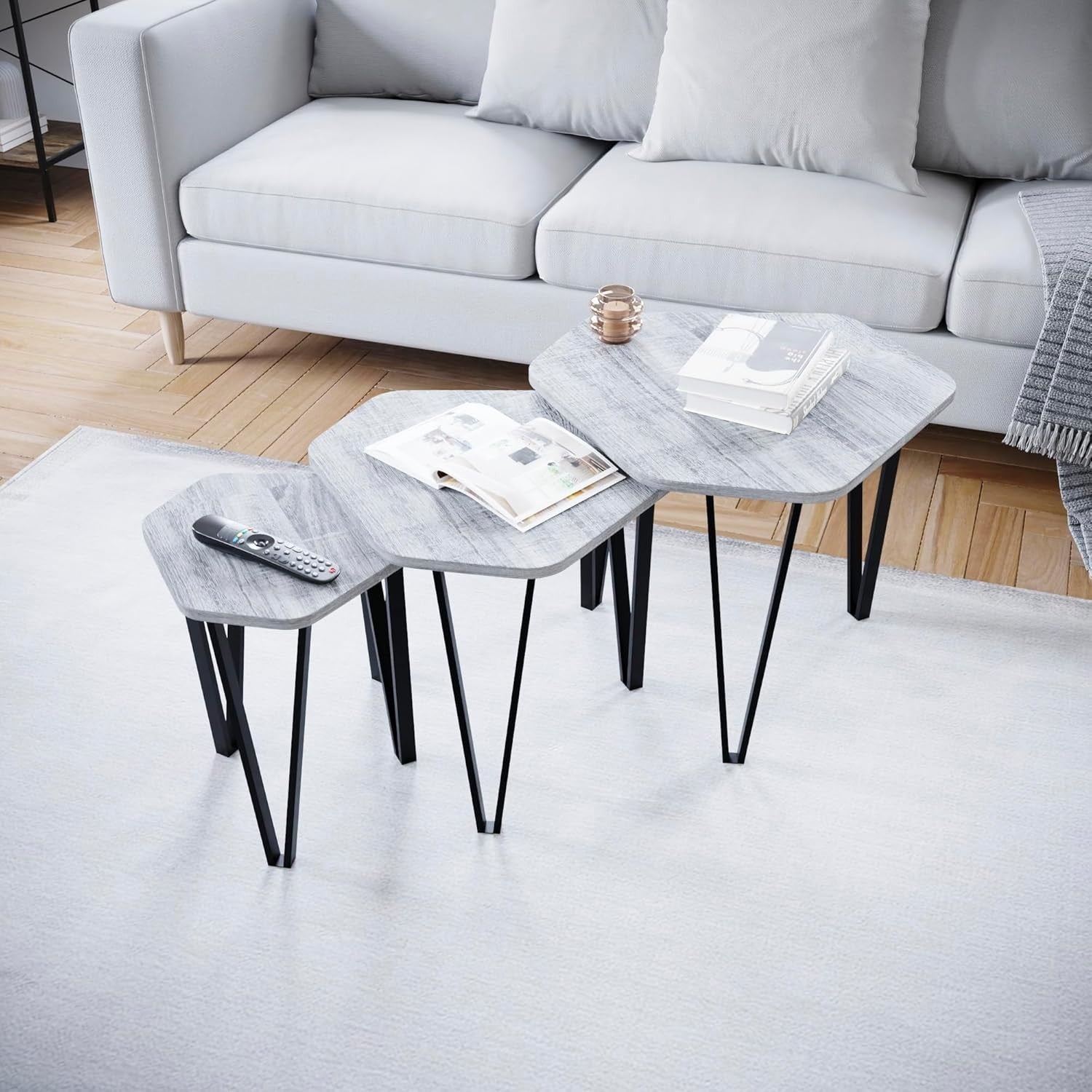 3 Nesting Coffee Tables Set of 3 Industrial Hexagonal End Side Metal Wood Grey