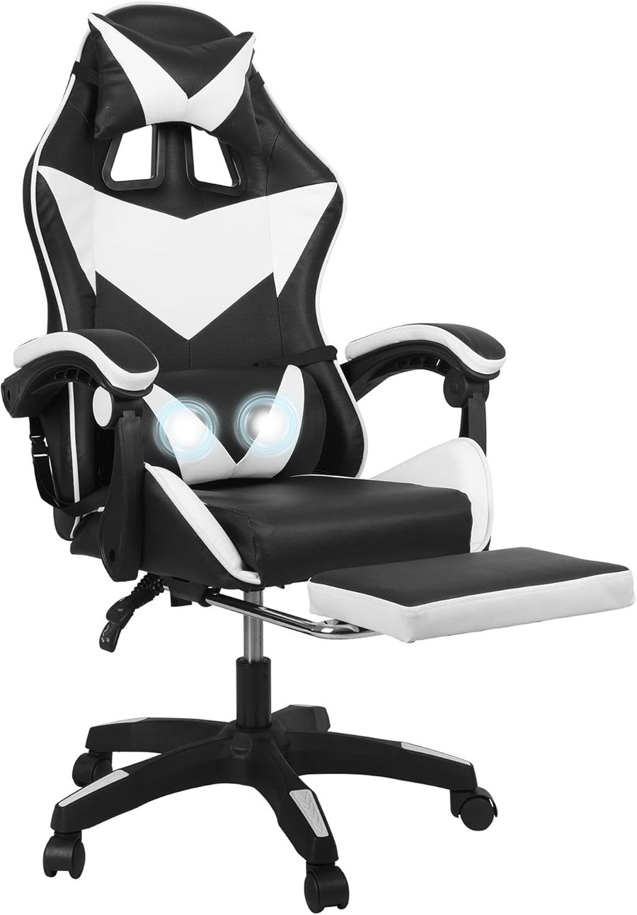 Ergonomic Gaming Chair Massage Reclining Footrest Black White