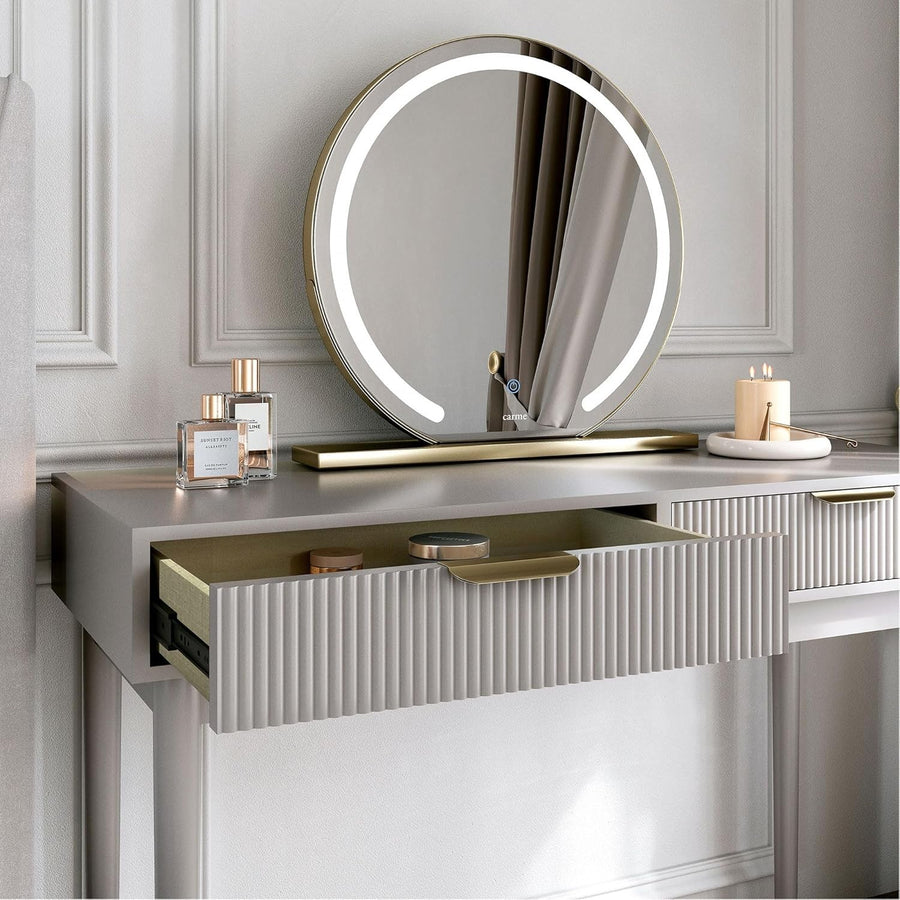 Mocha Gold Dressing Table Vanity Set Modern Drawers LED Light Mirror Wood
