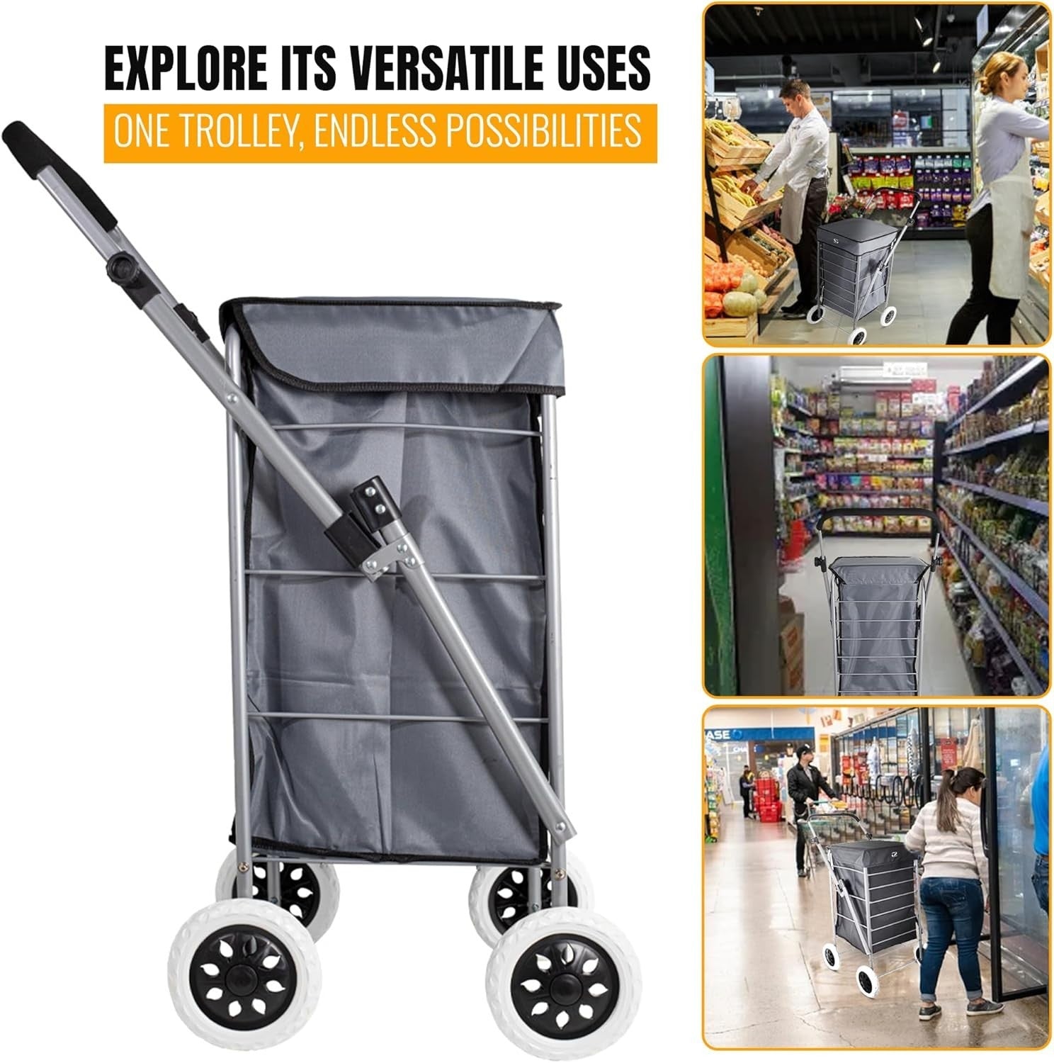 Foldable 4-Wheel Shopping Trolley Cart with Removable Bag - Heavy Duty Grey