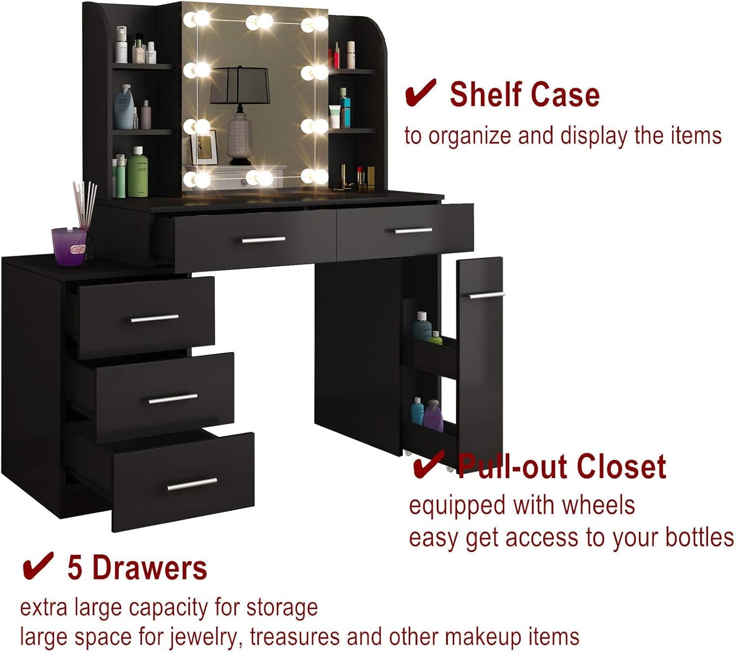 Black Vanity Dressing Table Set w/ Lights Mirror 12 Storage Drawers Modern