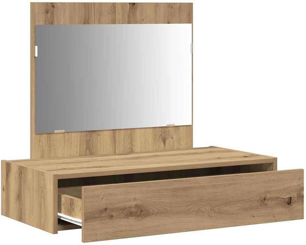 Modern Oak Wood Vanity Desk Dressing Table Mirror 1 Drawer Storage Makeup Unit