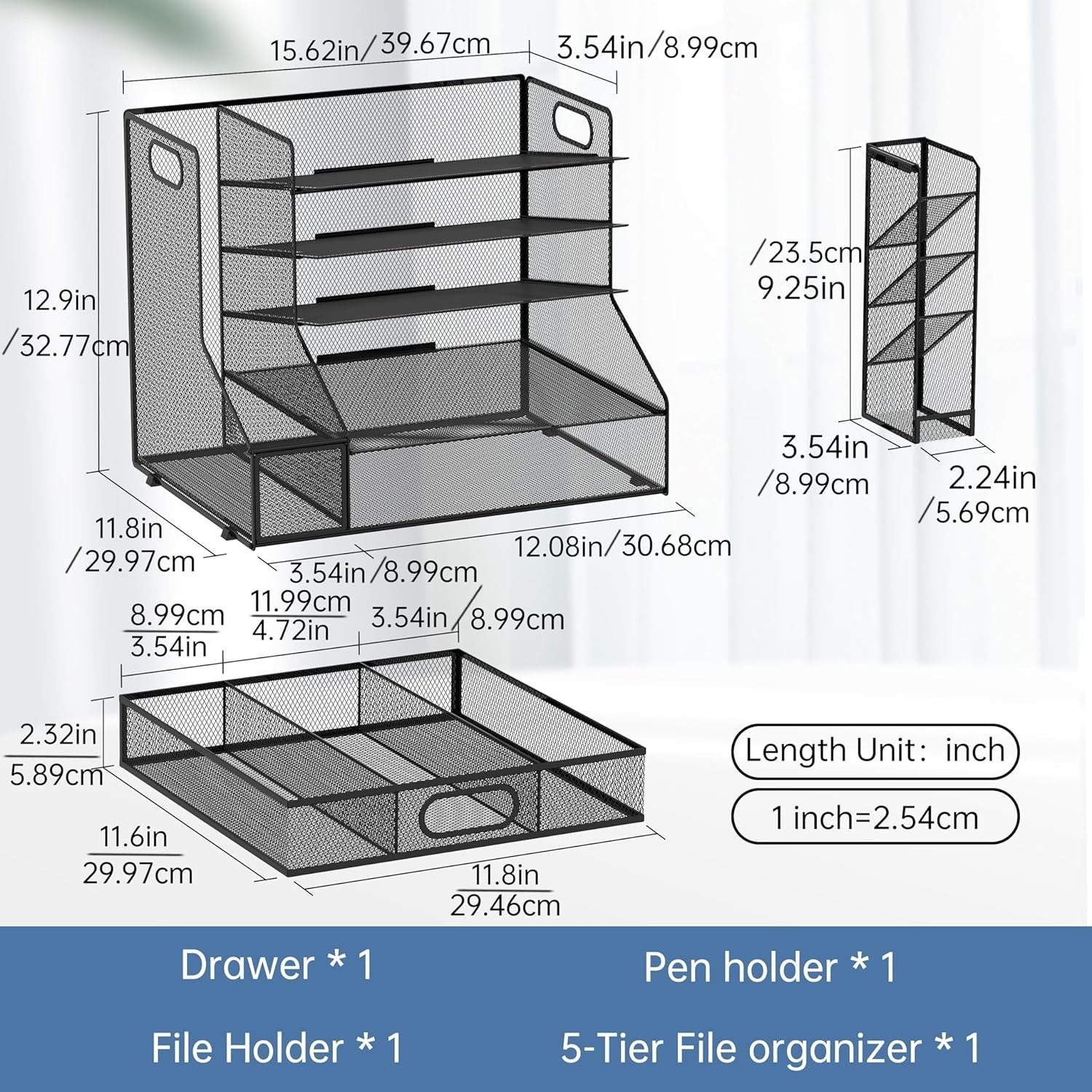 5-Tier Mesh Desk Organiser with File Holder, Pen & Drawer – Black