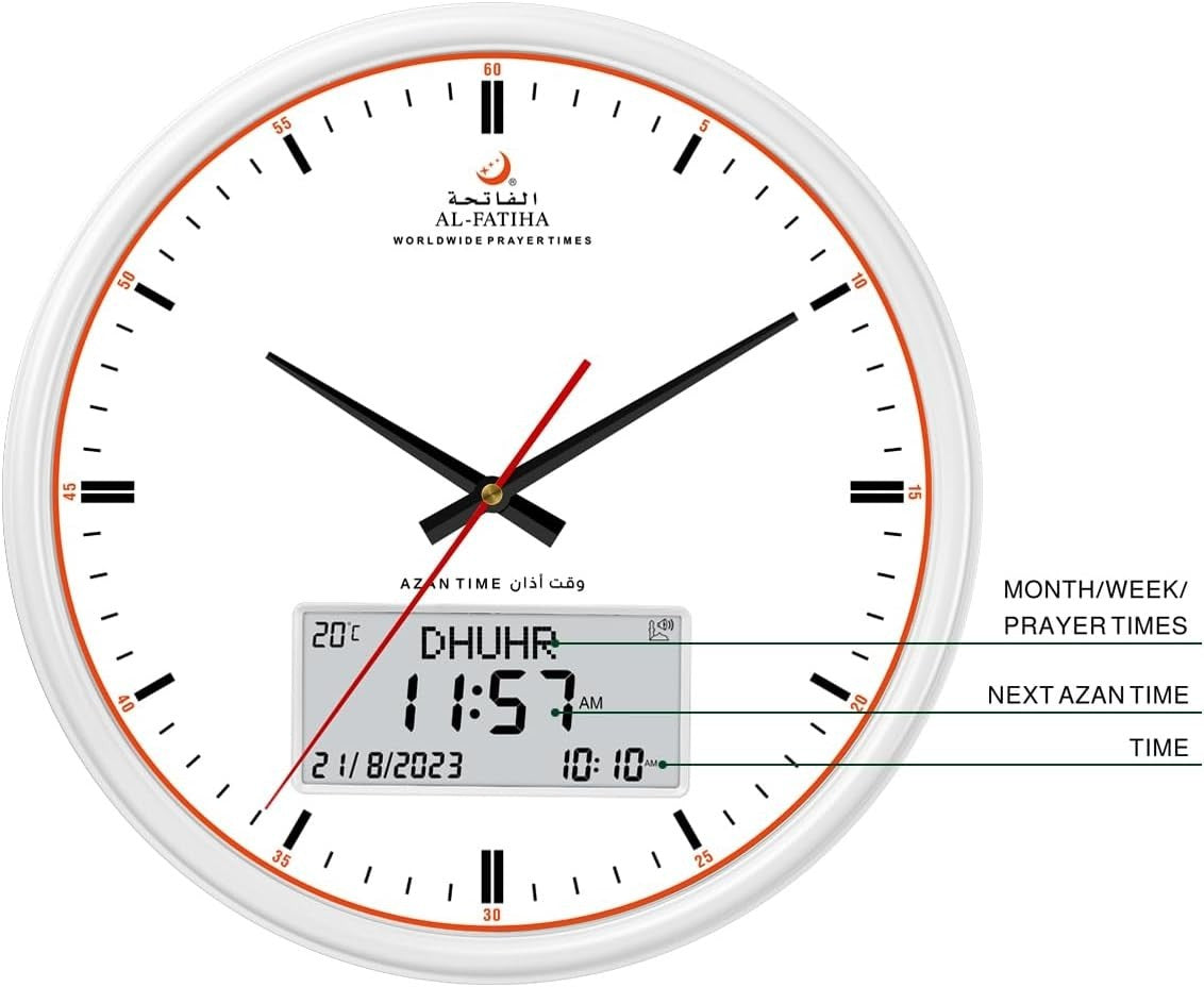 White Digital Azan Prayer Clock with Volume Control, Alarm & Date Display