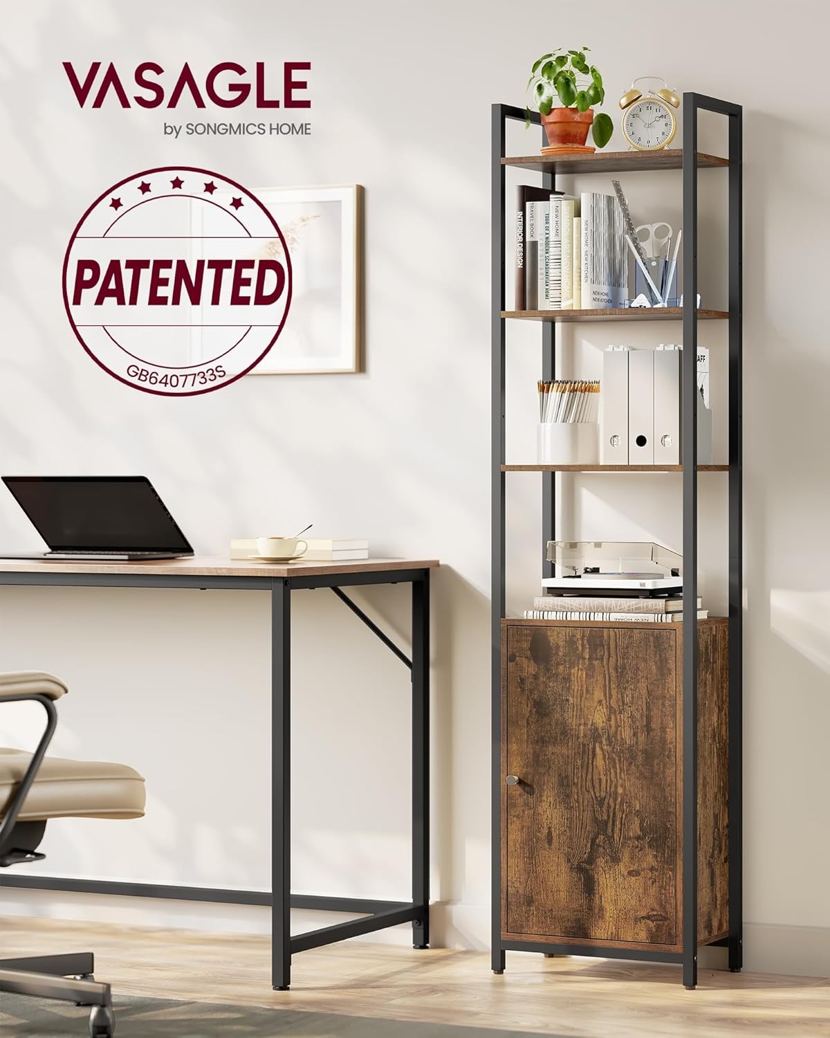 6-Tier Industrial Tall Bookcase with Cabinet, Metal Frame Adjustable Shelves