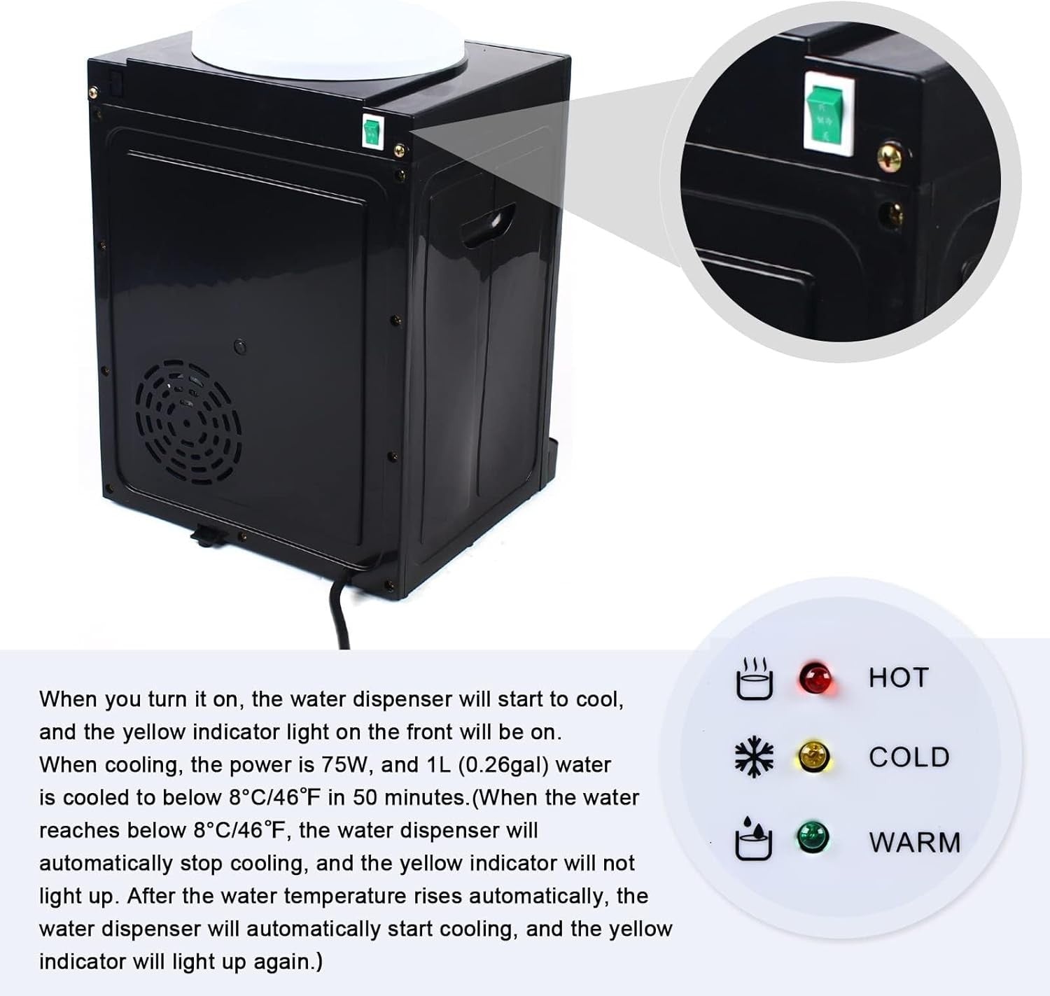 Top Loading Water Cooler Hot Cold Dispenser Countertop 3 Temp Settings