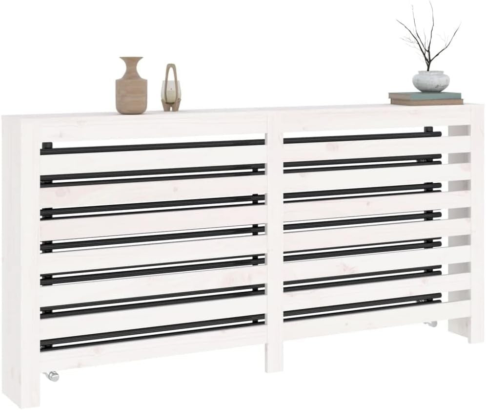 Modern White Radiator Cover Solid Pine Wood Slatted Shelf 169x19x84cm