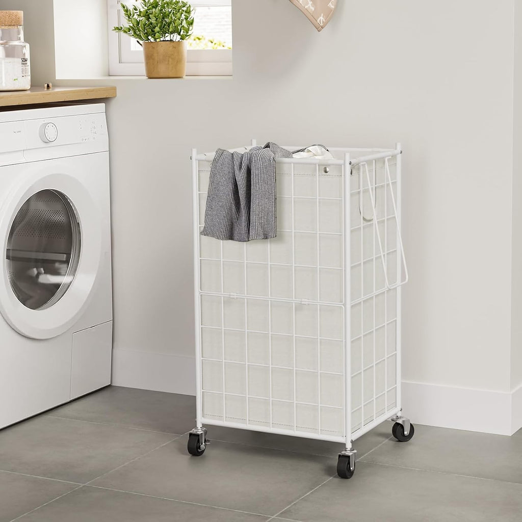 100L White Rolling Laundry Hamper Metal Frame with Wheels & Removable Bag
