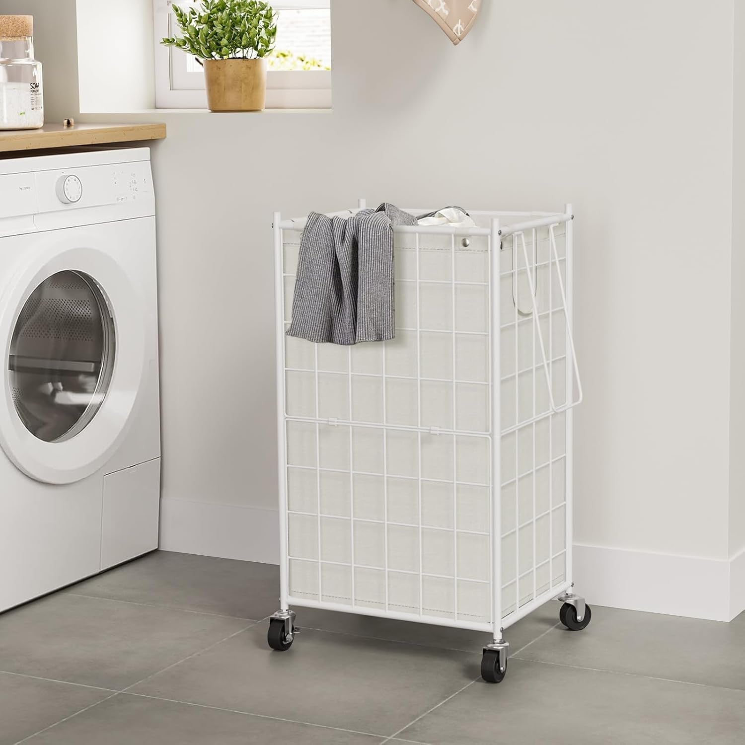 100L White Rolling Laundry Hamper Metal Frame with Wheels & Removable Bag
