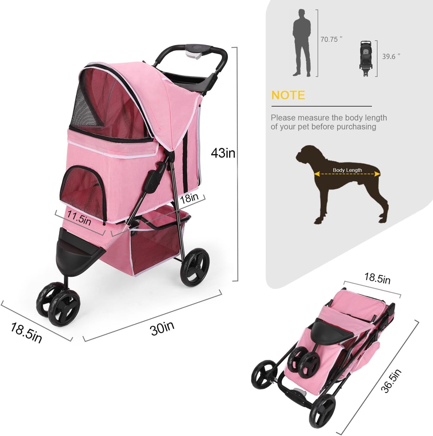 Pink Folding Pet Stroller Dog Cat Pushchair Storage Basket Easy Fold Wheels