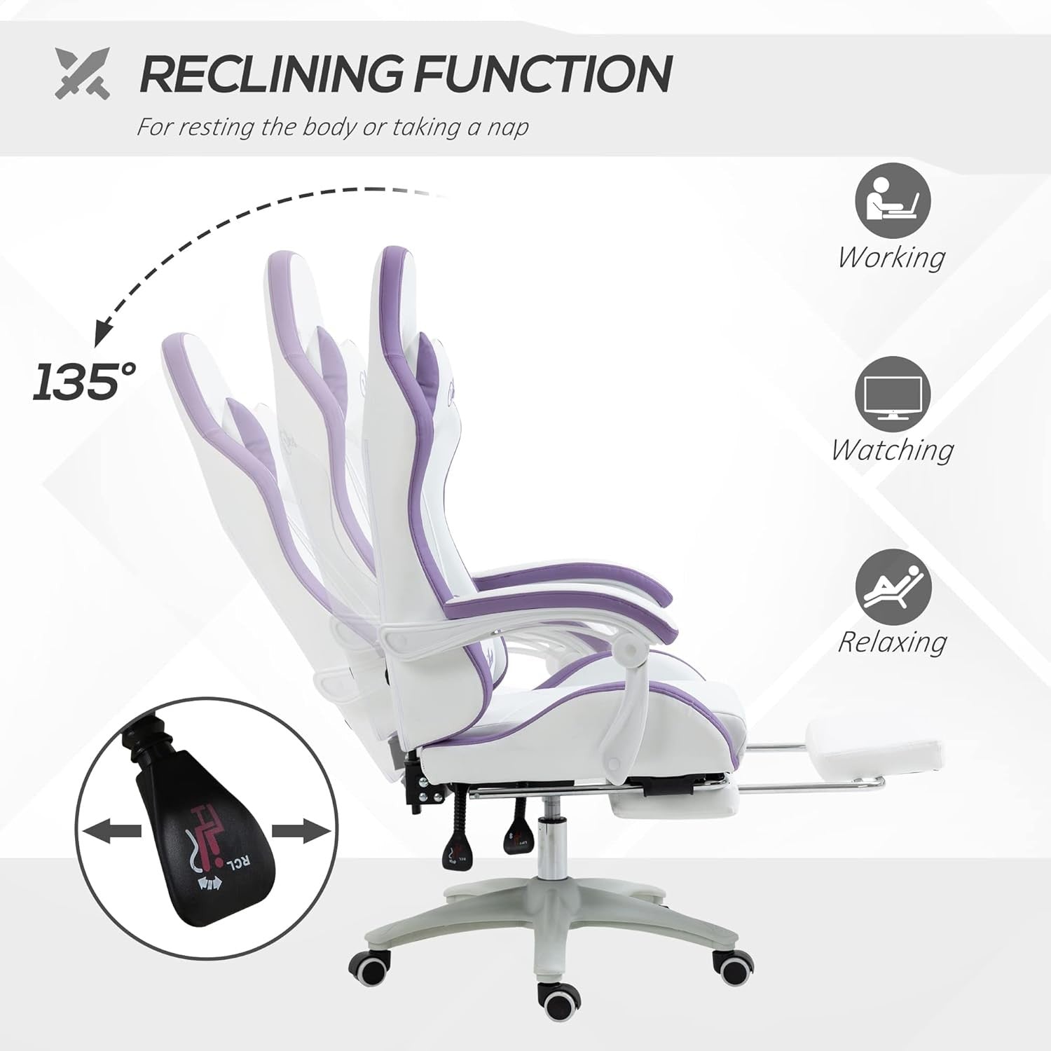 Gaming Chair PU Leather Recliner w/ Footrest 135° Swivel White Purple