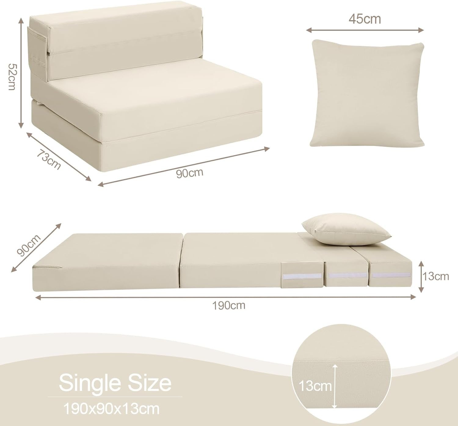 Single Fold Out Sofa Bed Chair Futon Mattress Guest Floor Z Bed 13cm Thick