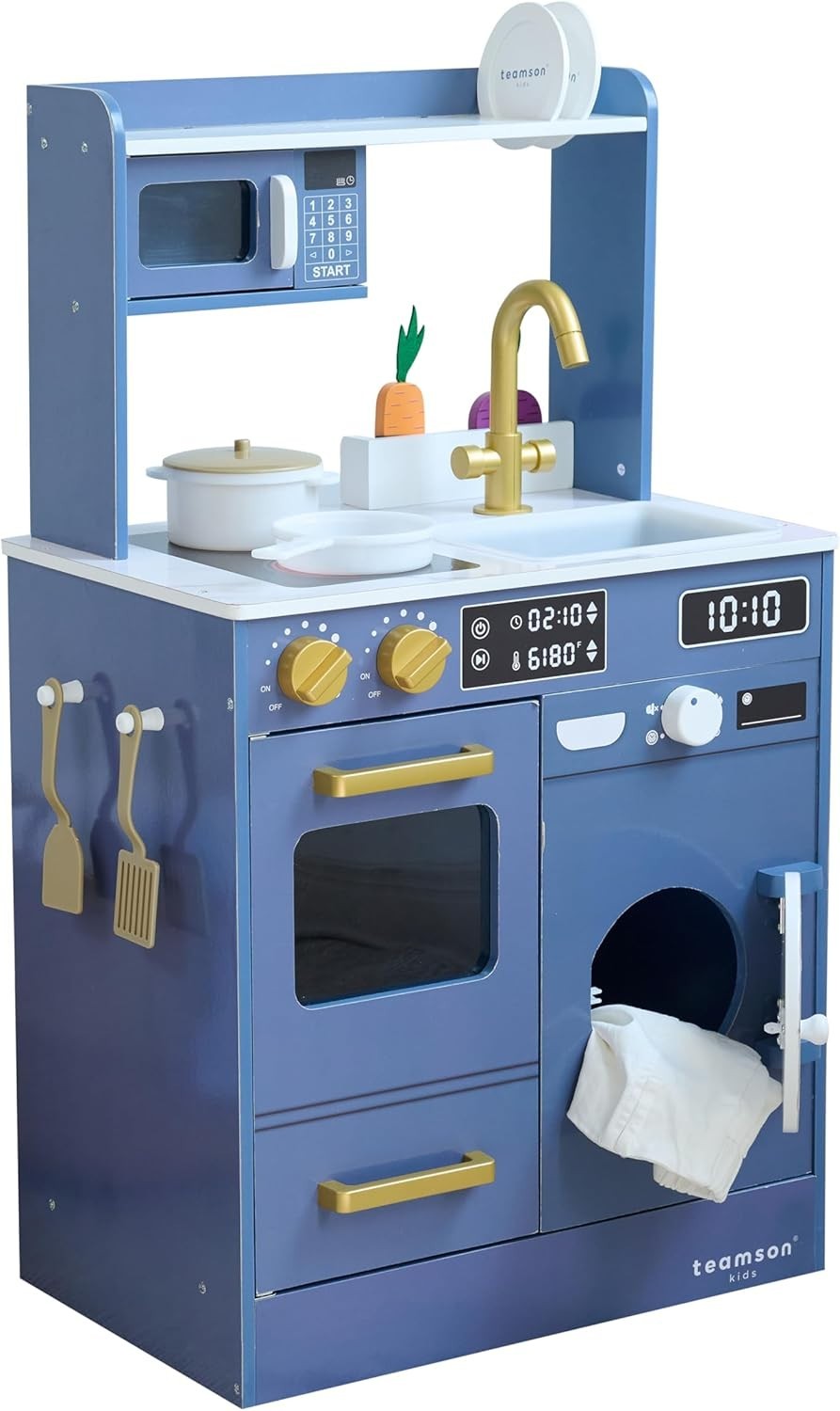 Wooden Kids Play Kitchen Blue Mini Garden Washing Machine Toy Set