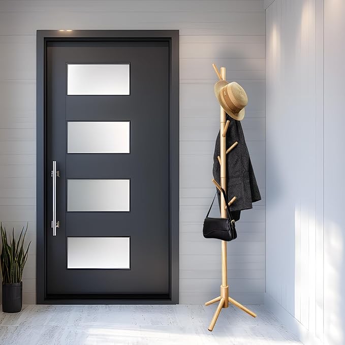 Bamboo Coat Rack Freestanding with 8 Hooks | Wooden Hall Tree Stand for Entryway