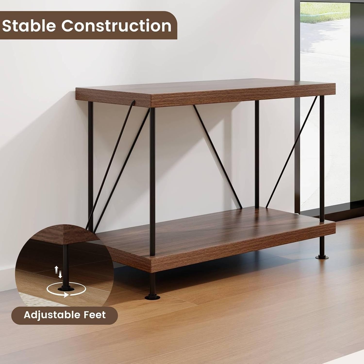 2-Tier Industrial Bookshelf Metal Frame Rustic Wood Storage Display Table Unit