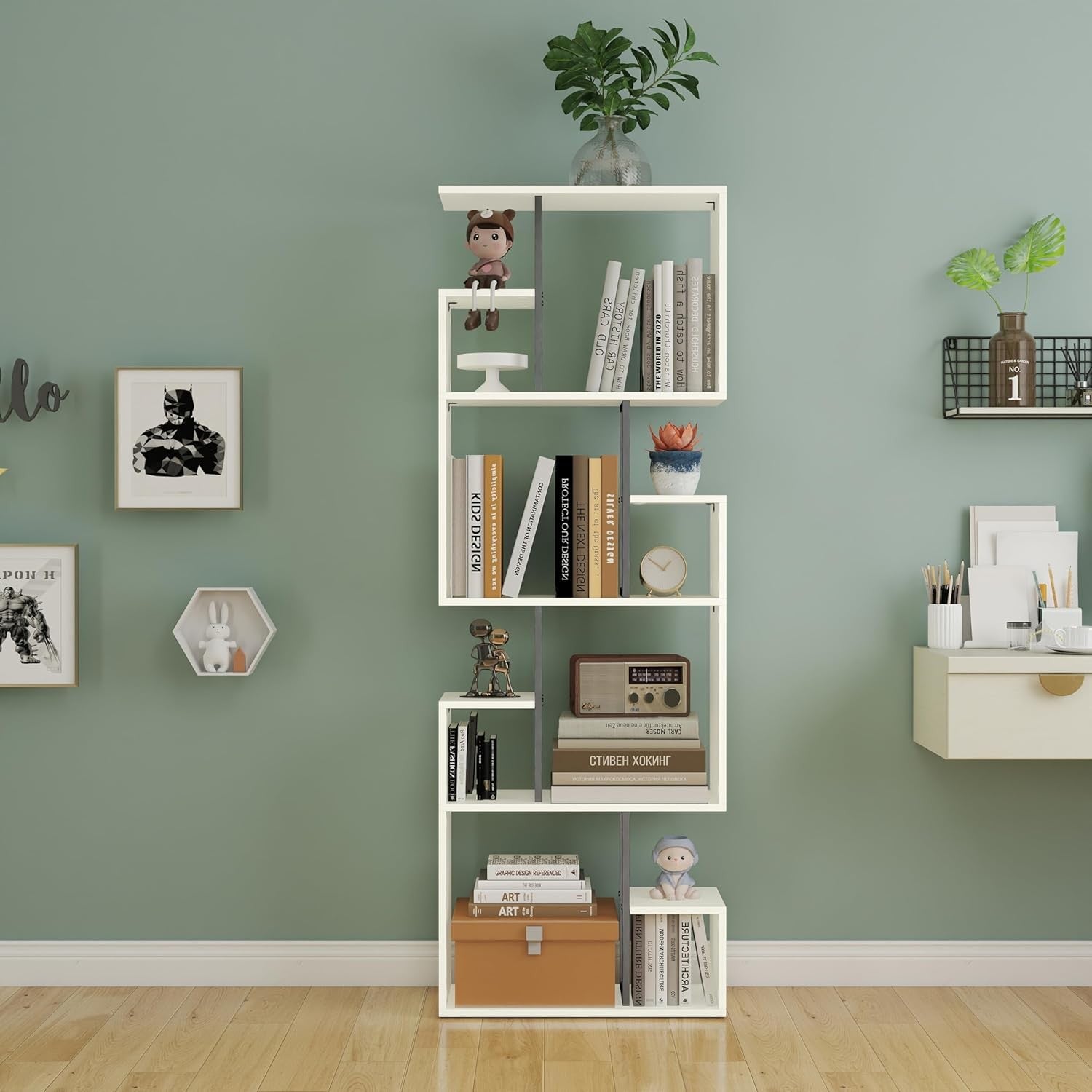 White 4-Tier Slim Bookcase Room Divider, Asymmetric Display Storage Shelf