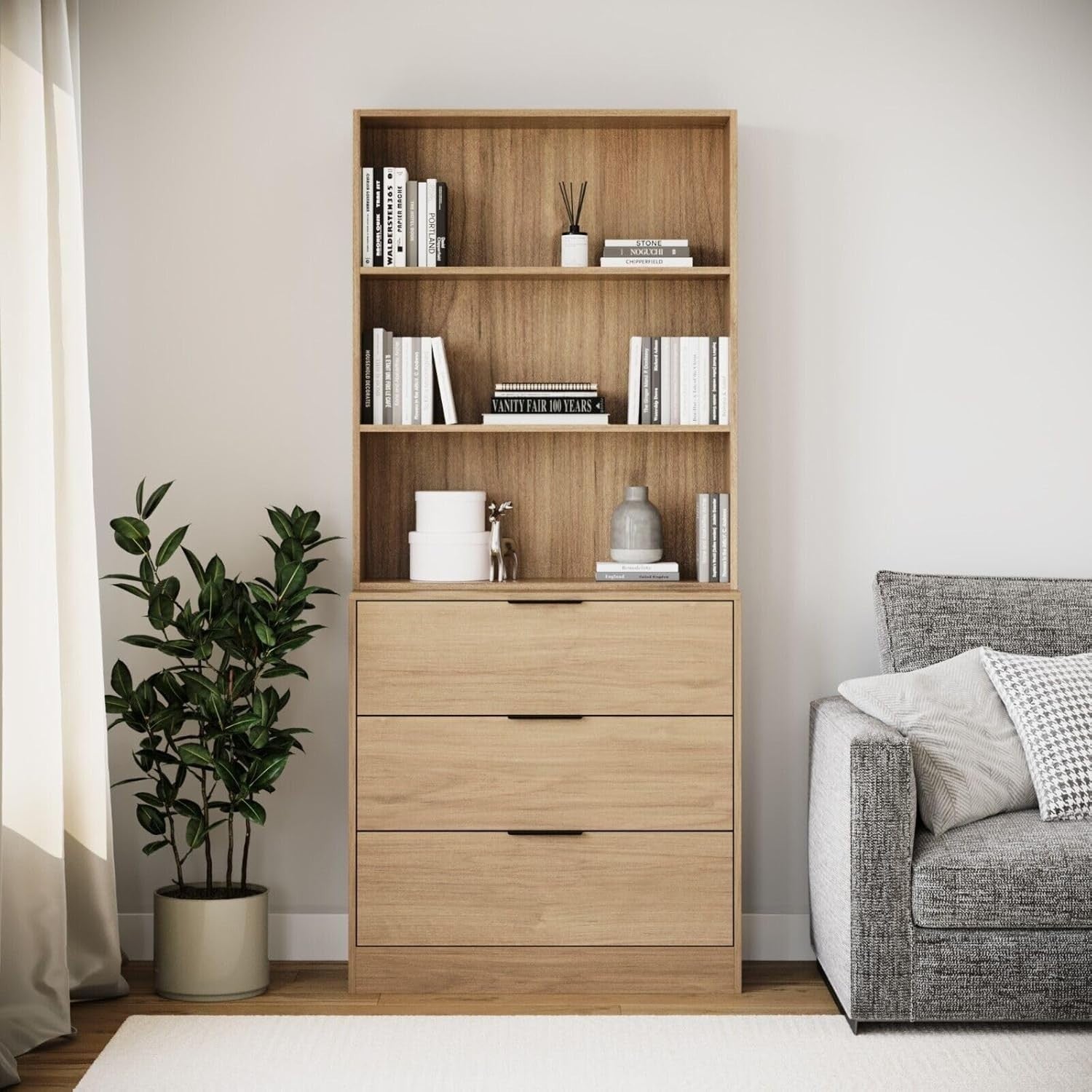 3 Drawer Wooden Storage Cabinet with Tall Bookcase Shelf Oak 60cm Combo Unit