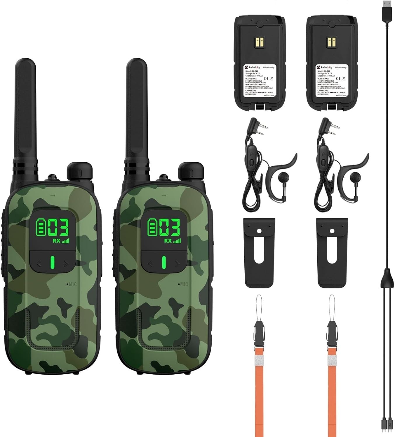Rechargeable Walkie Talkies PMR 16 Channel VOX Flashlight Earpiece