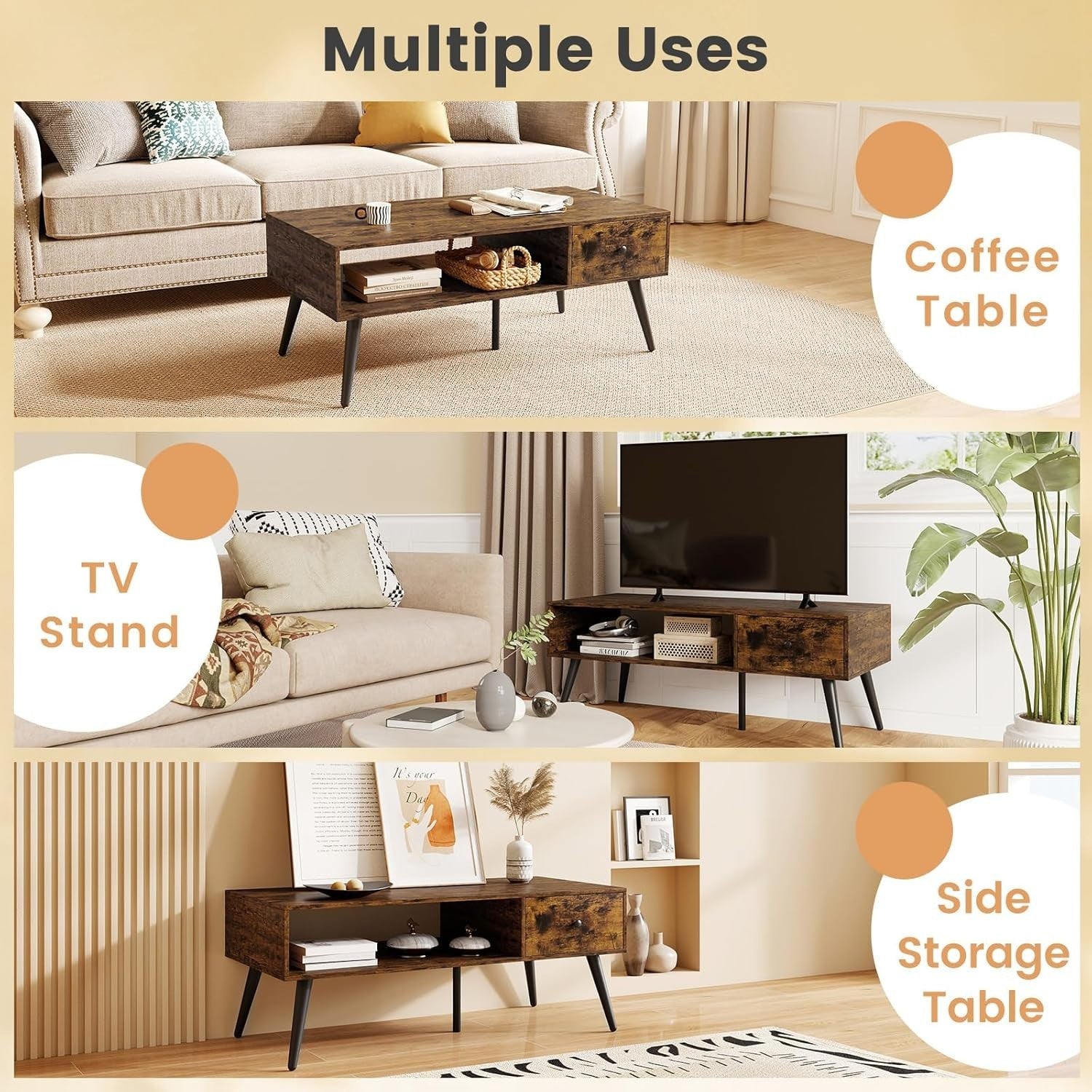 Rectangular Coffee Table with Drawer & Shelf, Rustic Brown 109x55x42cm