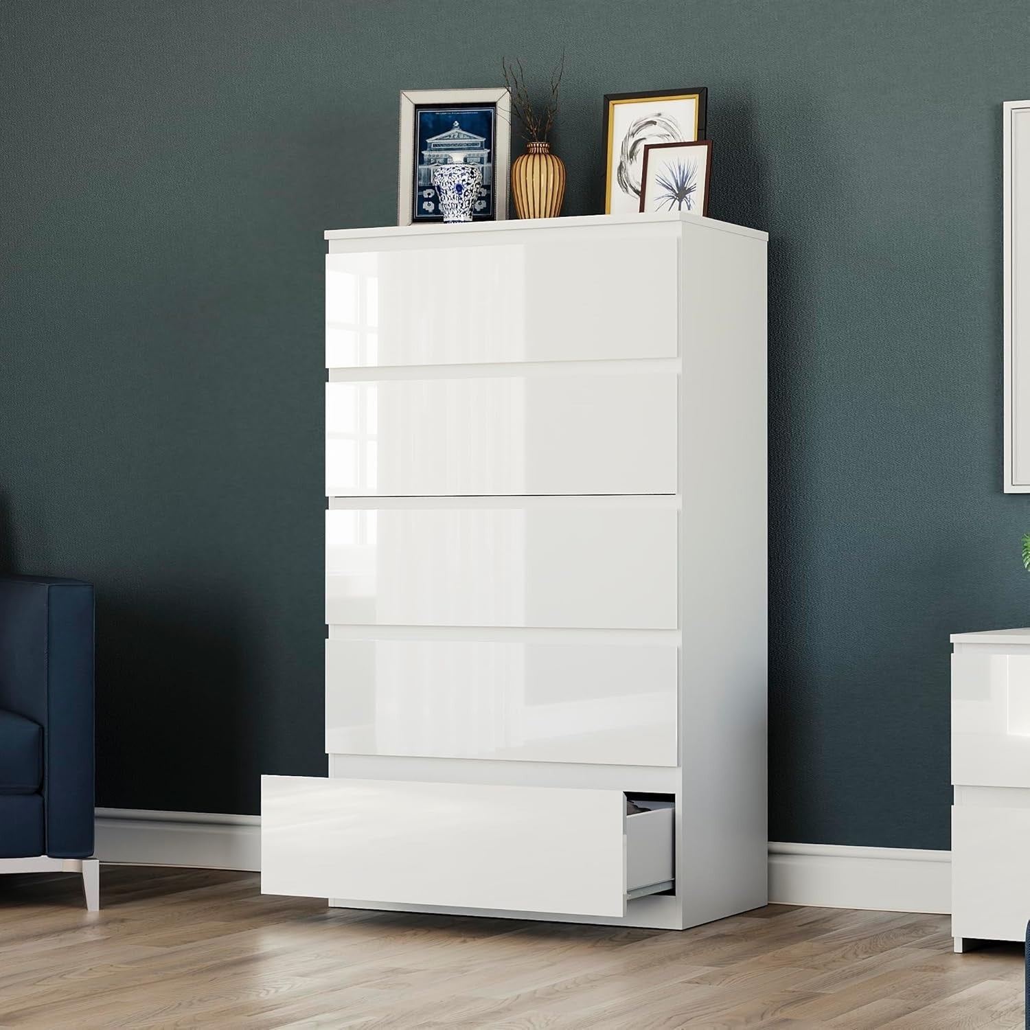White Gloss 5 Drawer Chest Tall Bedroom Storage Cabinet 112cm Modern