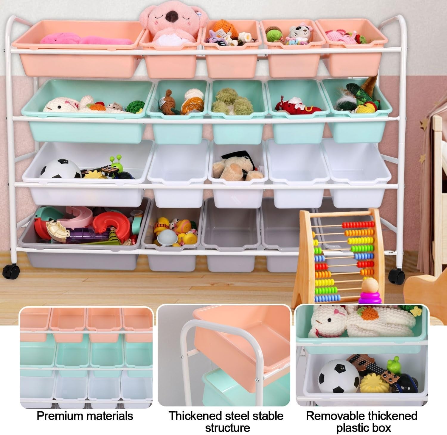 Extra Large Kids Toy Storage Organizer 4 Tier Rack with 20 Bins & Wheels