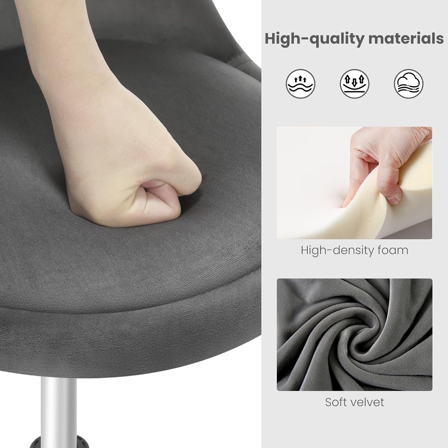 Dark Grey Velvet Swivel Stool Height Adjustable Round Chair Gold Base
