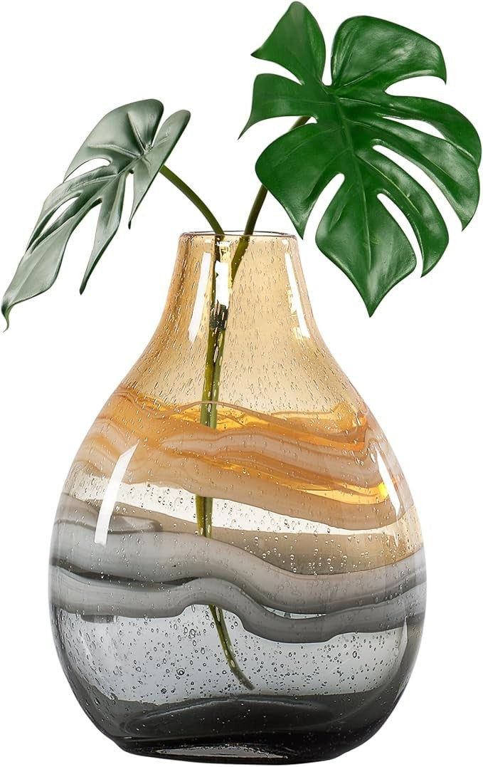 Amber Swirl Glass Vase Short Hand Blown Bulb Table Decor Modern Accent