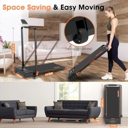 10% Incline Foldable Under-Desk Treadmill 12km/h, 2.5HP, Dual Control Home