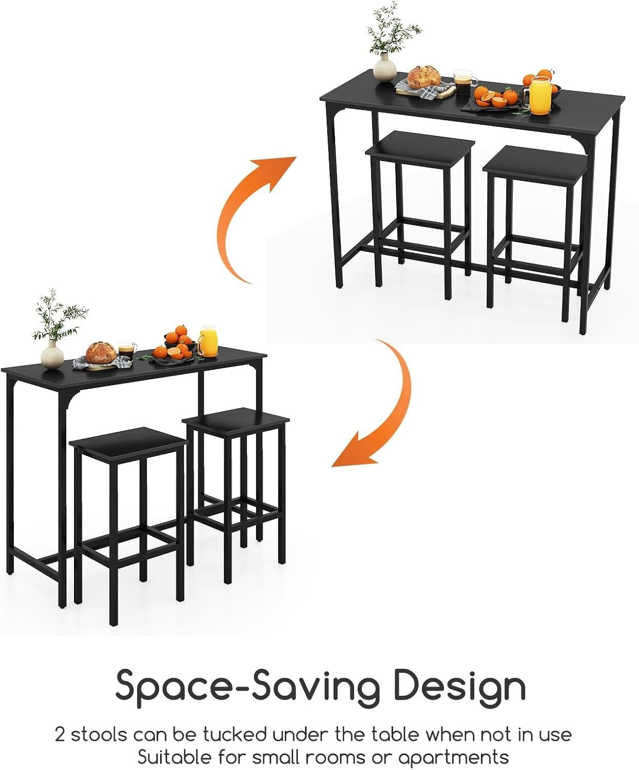 3-Piece Black Bar Table Set with 2 Stools, Metal Frame Space Saving Dining Set