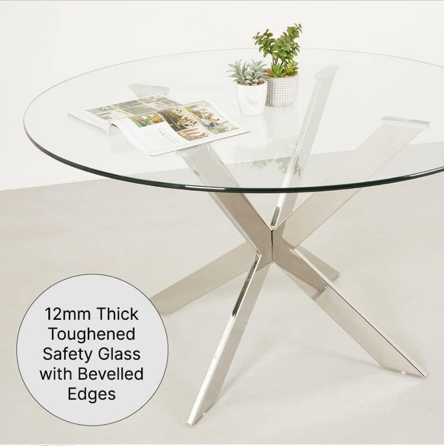 Round Glass Dining Table 130cm Chrome Legs 12mm Toughened Modern