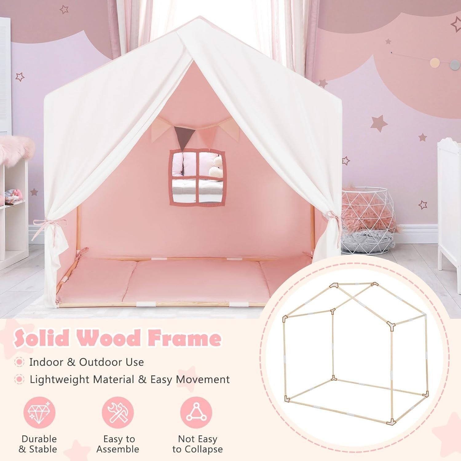 Large Kids Play Tent Castle Indoor Outdoor w Washable Mat Pink