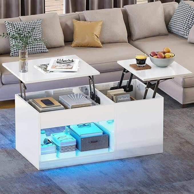 Lift Top LED Coffee Table White Gloss Storage RGB Light Desk Living Room