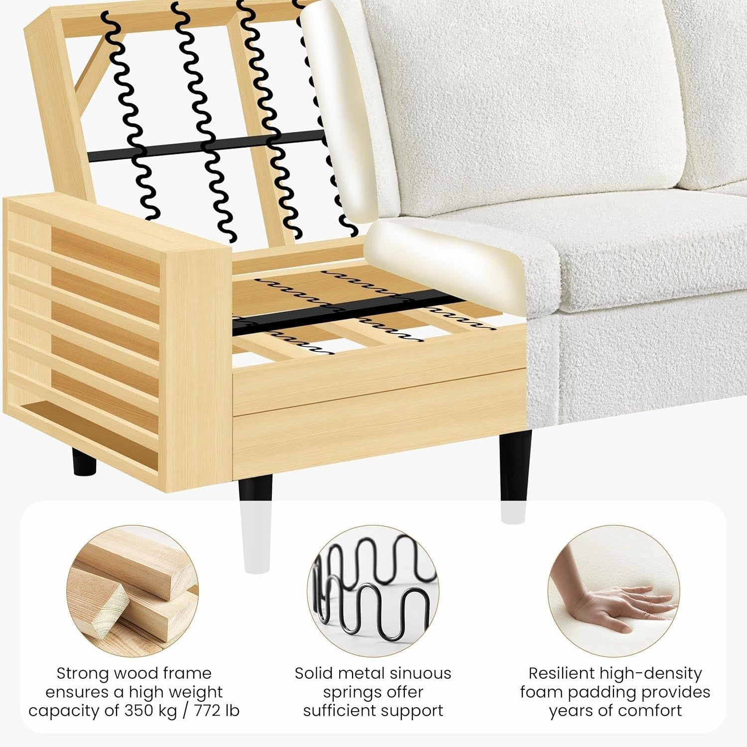 Ivory Bouclé 3 Seater Sofa Modern Compact Couch for Lounge Office