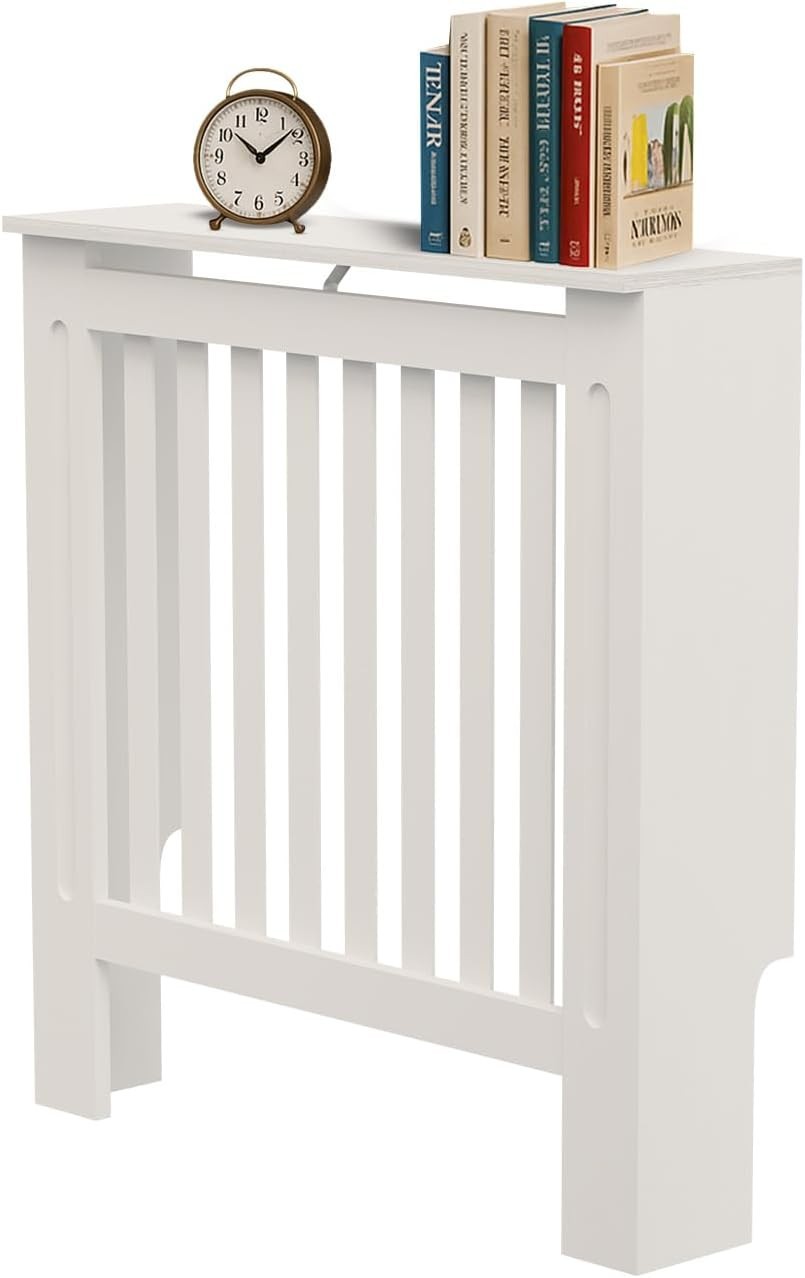 Small Radiator Cover White Slat MDF Compact Heater Cabinet Shelf Space Saving