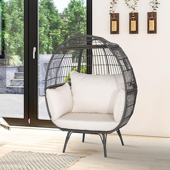 Oversized Rattan Egg Chair w/ Cushions Indoor Outdoor Lounge 450lbs Capacity