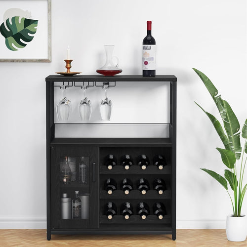 Black Industrial Wine Bar Cabinet with 12 Bottle Rack & Glass Holder, 69x35x92cm