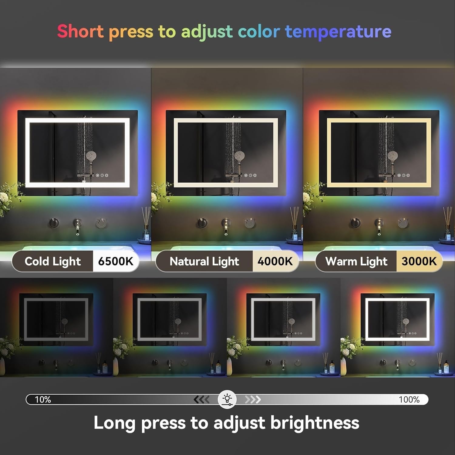 RGB LED Bathroom Mirror 60x45cm Wall Mounted Light Anti-Fog Touch Pad
