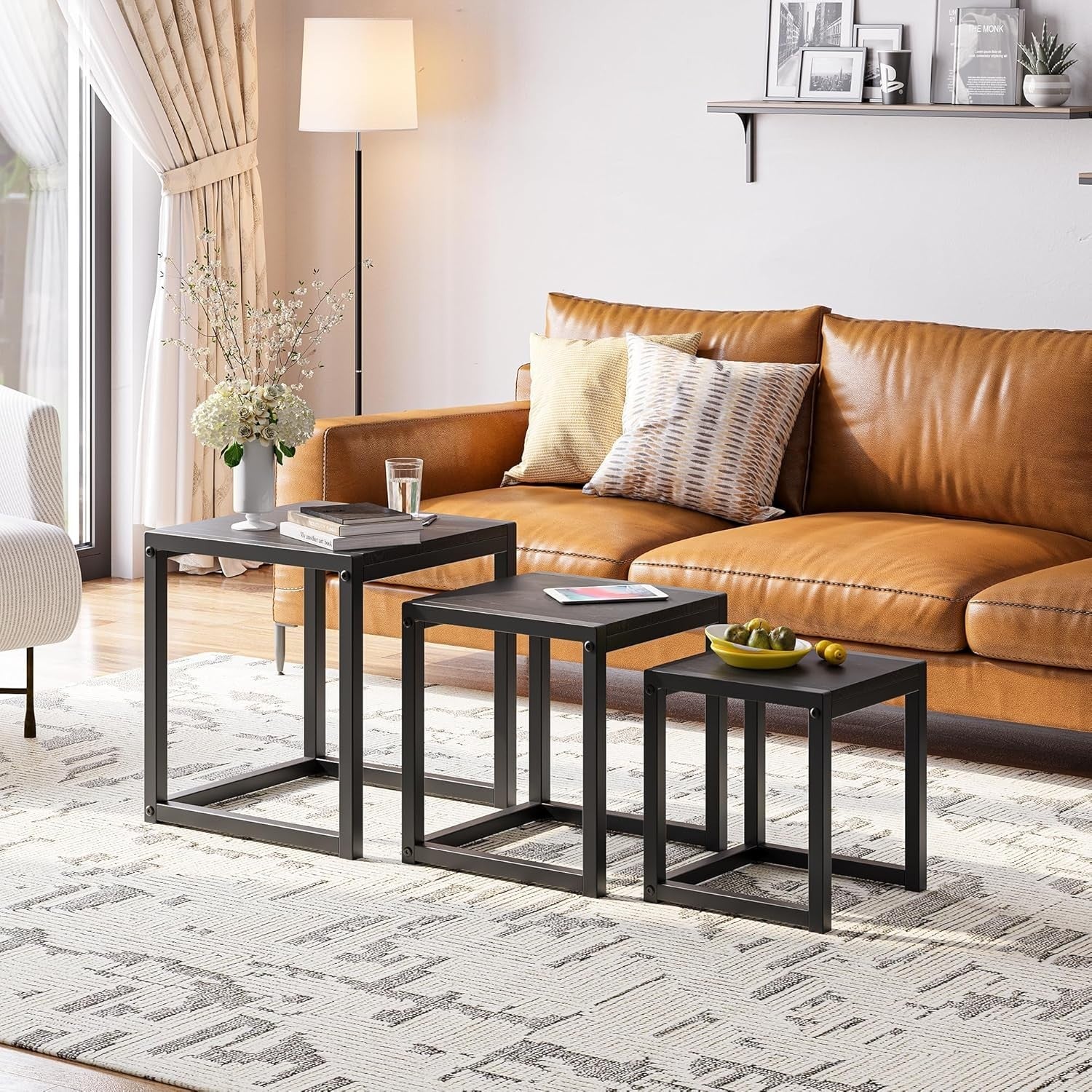 3 Black Nesting Coffee Tables Set of 3 Rectangular Steel MDF Side End Table