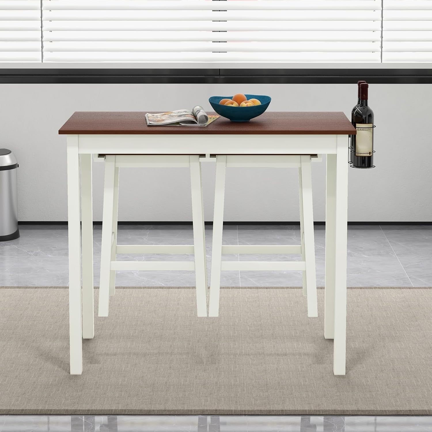 3-Piece Bar Table Set with Stools, Wine Racks & Shelves, Cream White/Walnut