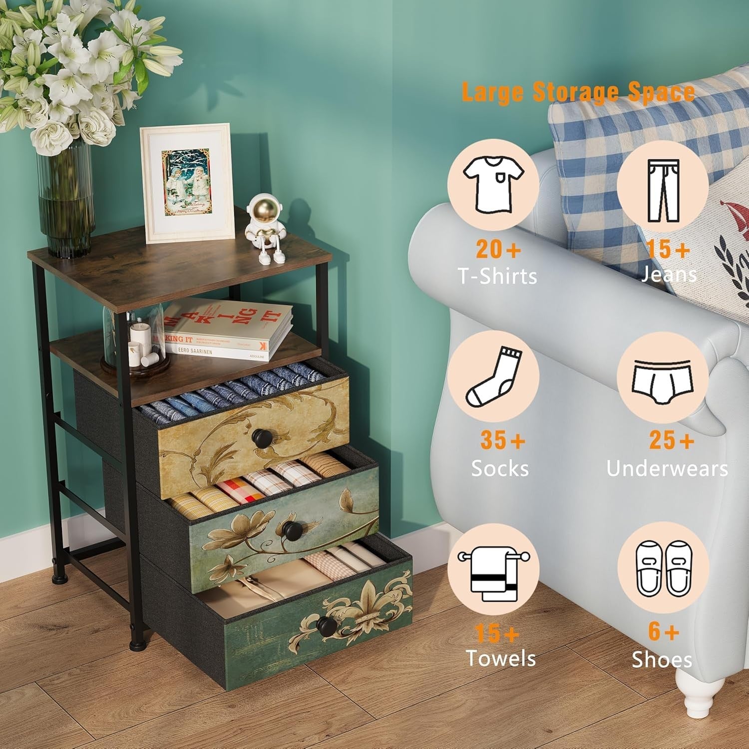 3 Drawer Fabric Chest Boho Dresser Nightstand Side Table Storage Unit