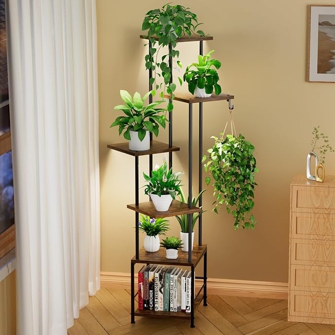 6 Tier Metal Plant Stand with Grow Lights, Tall Indoor Flower Shelf for Living