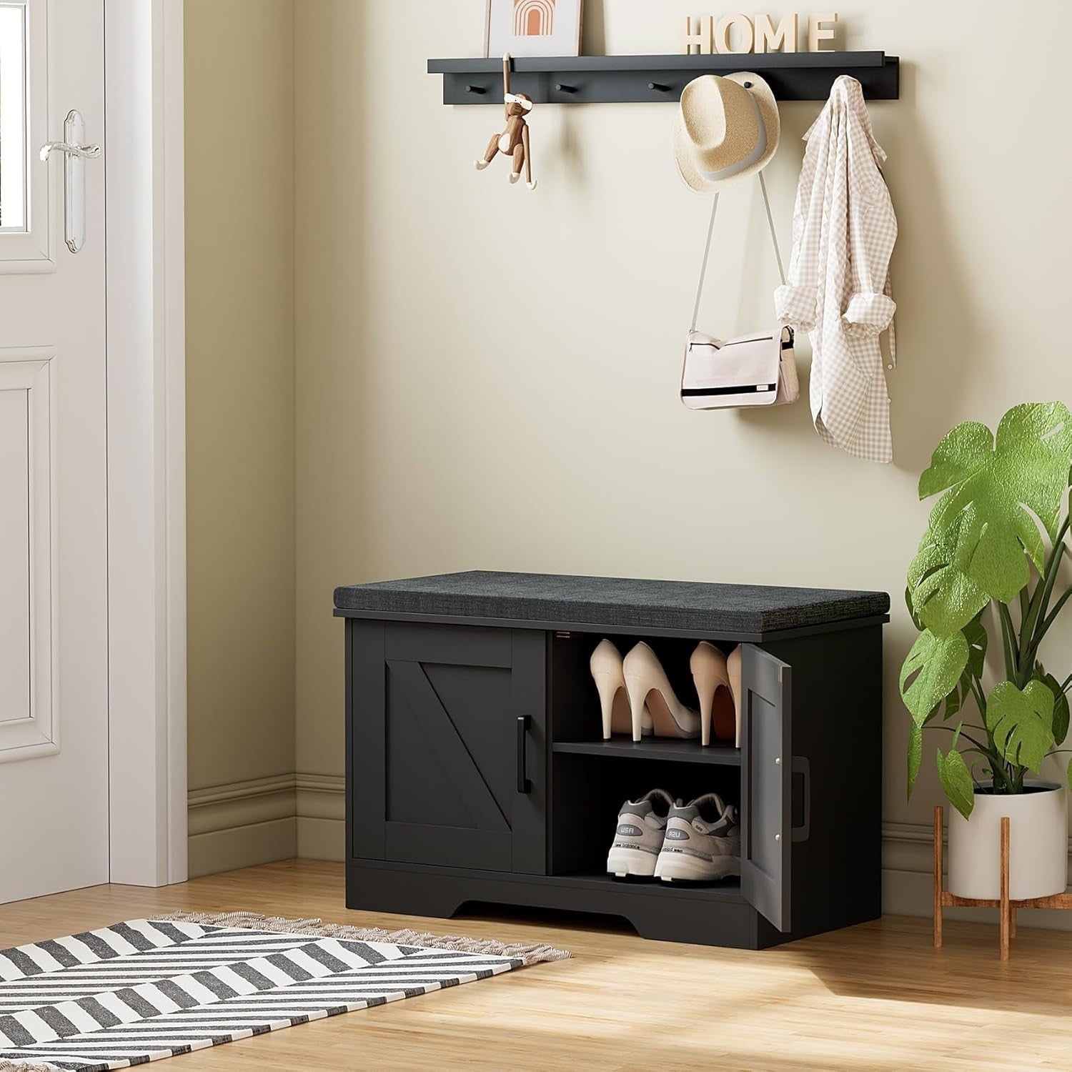 Black 2-Tier Shoe Bench with Cushion & Adjustable Shelf 70x35x45cm
