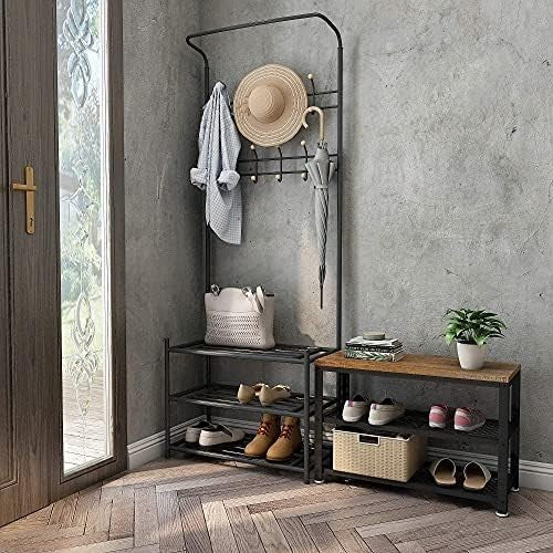 Rustic Brown Shoe Storage Bench with 2 Shelves – Industrial Metal Hallway Unit
