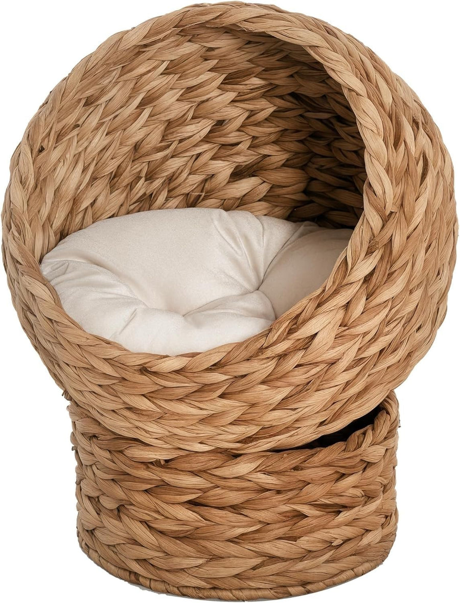 Elevated Wicker Cat Bed Cave Banana Leaf Pet House w Cushion 50cm