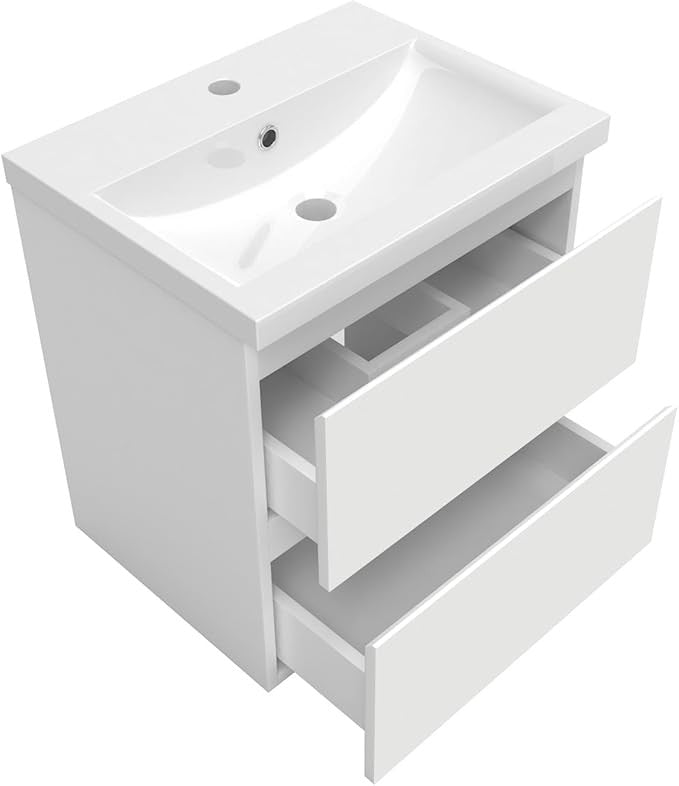 600mm Wall Hung Gloss White Vanity Unit – 2 Drawer Sink Cabinet with Basin